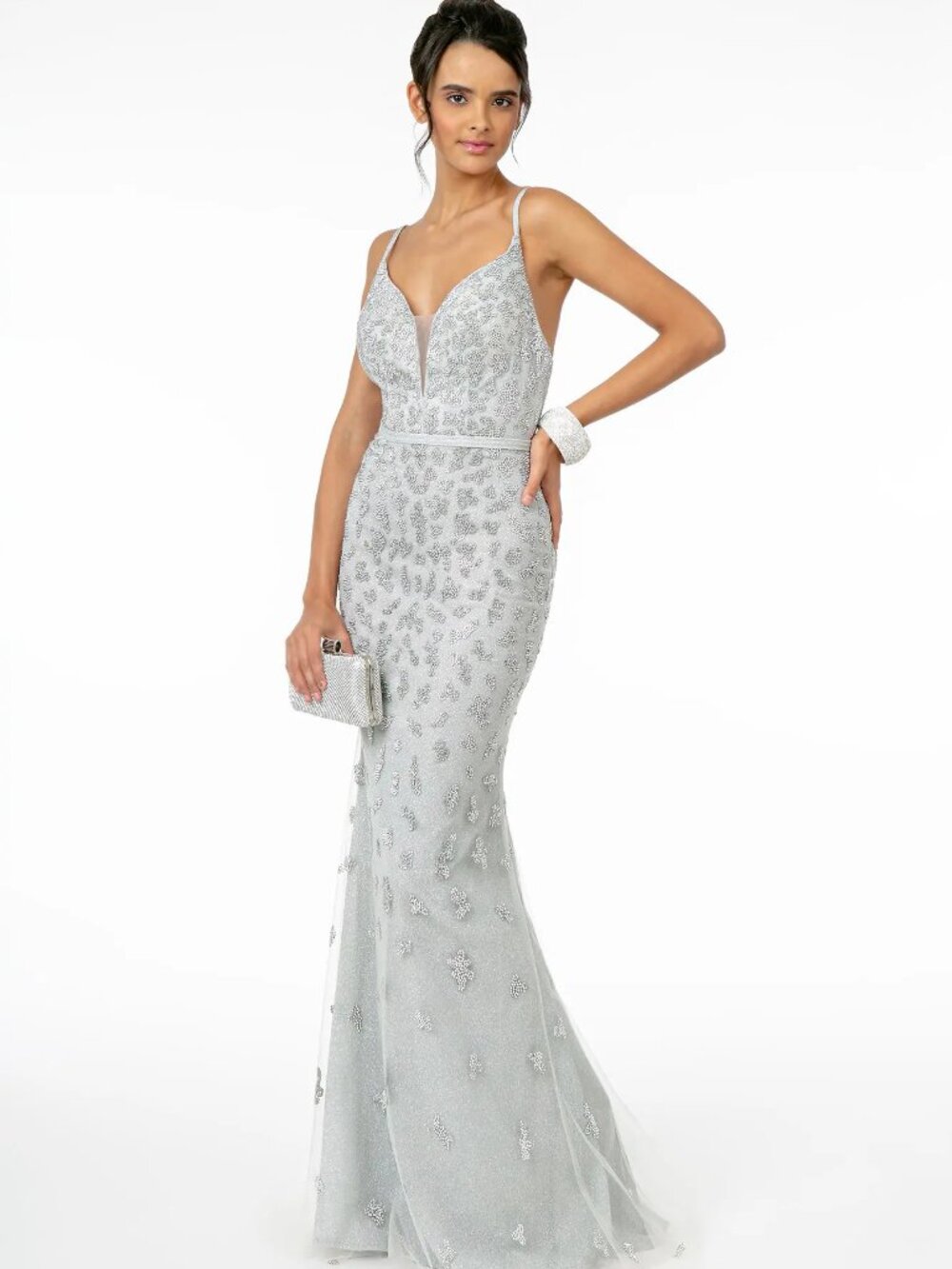 NEW SILVER Tulle & Mesh V-Neck Prom Gown Floor Length Embellished GL2917